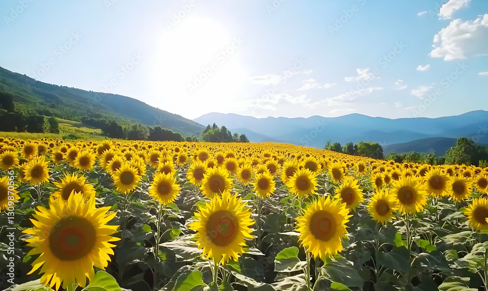 Fototapeta premium Vibrant Sunflower Field Under Bright Blue Sky and Sunlight