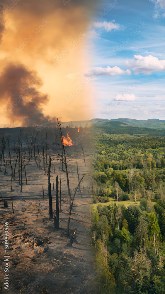 Obraz premium A stark contrast between a devastated forest fire landscape and a lush, green forest thriving in recovery