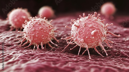 Close-up of cancerous cells on tissue. Microscopic view of malignant cells