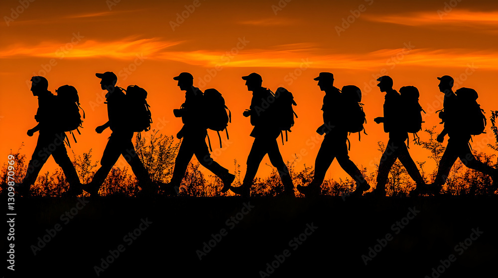 Fototapeta premium Hikers Silhouette Sunset Trek