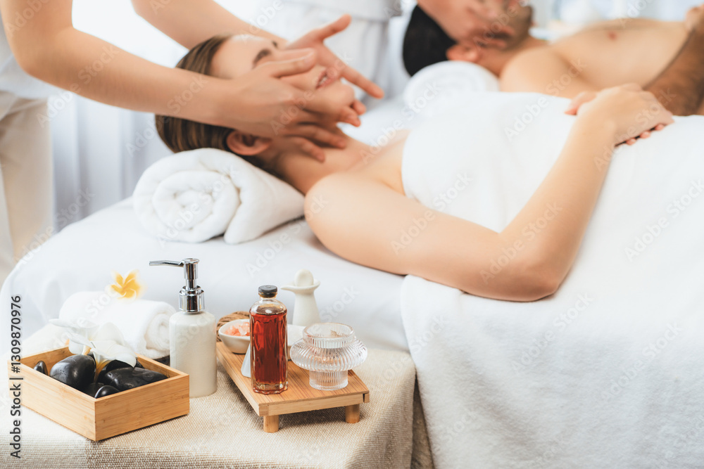 Φωτογραφία Caucasian couple enjoying relaxing anti-stress head massage and pampering facial beauty skin recreation leisure in dayspa modern light ambient at luxury resort or hotel spa salon