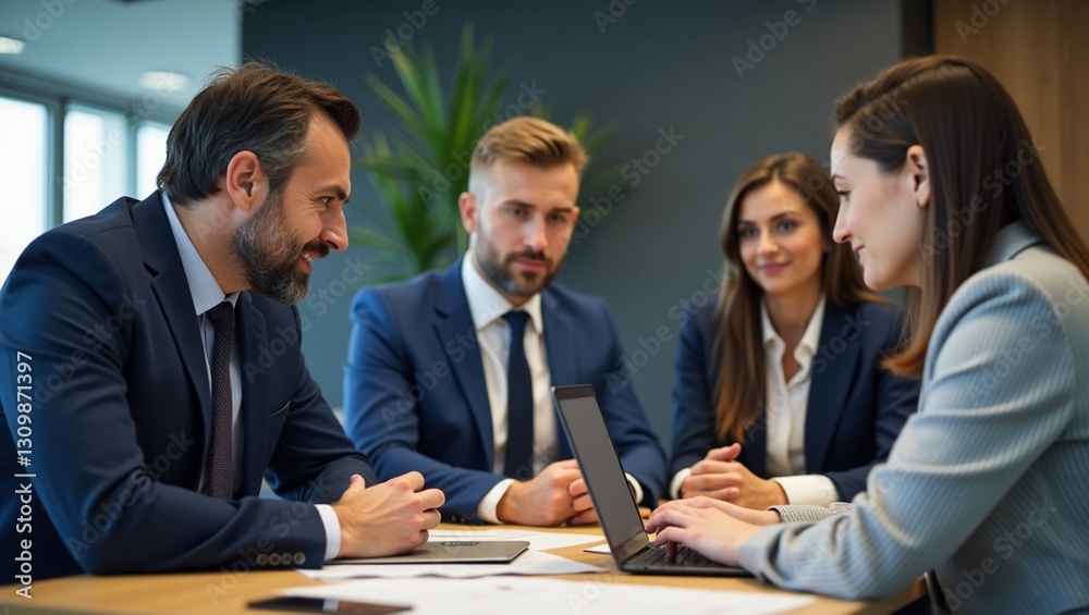 A group of three caucasian business professionals engaged in a meeting around a wooden table in a modern office setting. the group includes a man with dark hair in a suit, leaning forward with hands. A group of three caucasian business professionals engaged in a meeting around a wooden table in a modern office setting. the group includes a man with dark hair in a suit, leaning forward with hands.