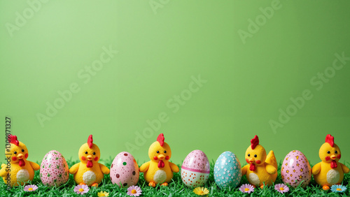 Charming Easter Stock Photo: Vibrant Decorative Chickens and Exquisitely Painted Eggs for Commercial Spring Campaigns and Holiday Ads photo