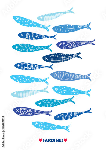 Sardines, salmon, tuna, tilapia. silhouette.Sea cards and posters collection for kids. Cartoon fish. Hand drawn illustration. Ideal for greeting cards, t-shirts design, decor for nursery.