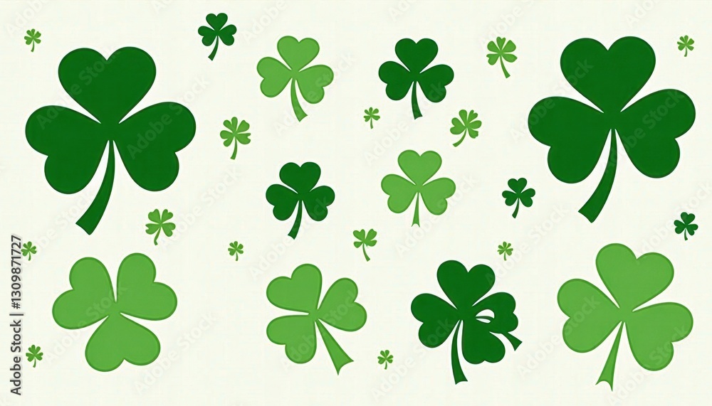 St. Patrick's Day Festive Green Shamrocks Design for Celebrations. A collection of green shamrocks on a white background. St. Patrick's Day Festive Green Shamrocks Design for Celebrations. A collection of green shamrocks on a white background.