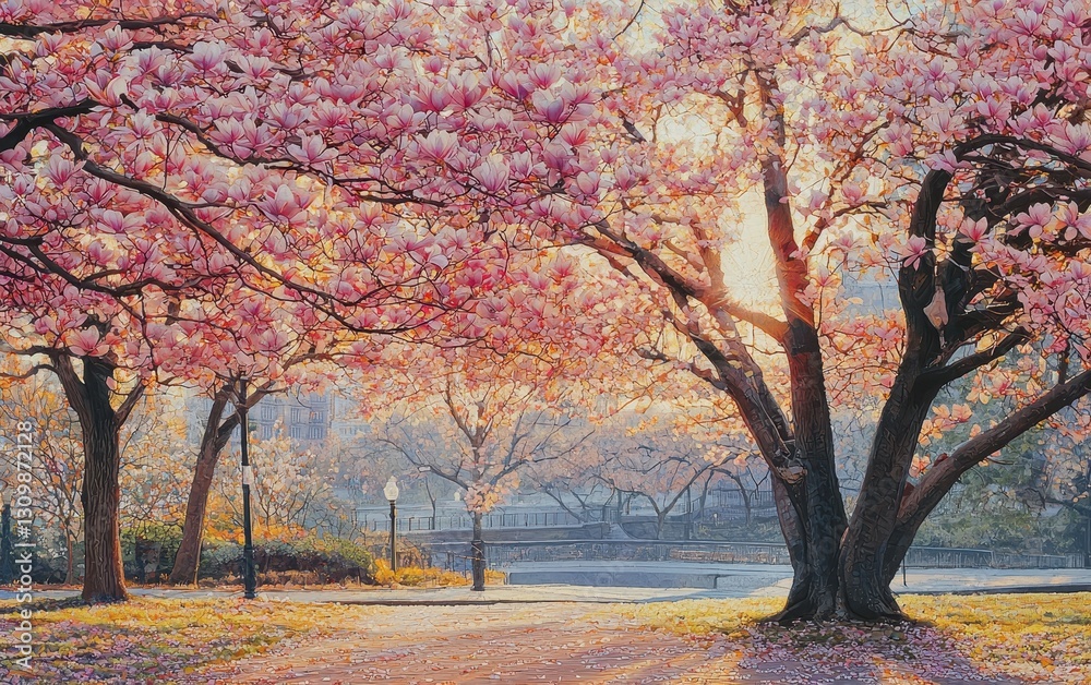 Magnolia trees in full bloom along city streets