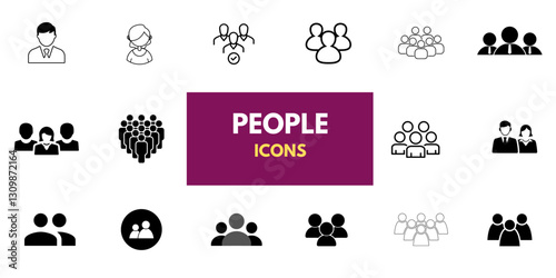 People, human, person thin line icon set. Containing participants, groups, teams, organizations, communities, populations, audiences, and members. Vector illustration