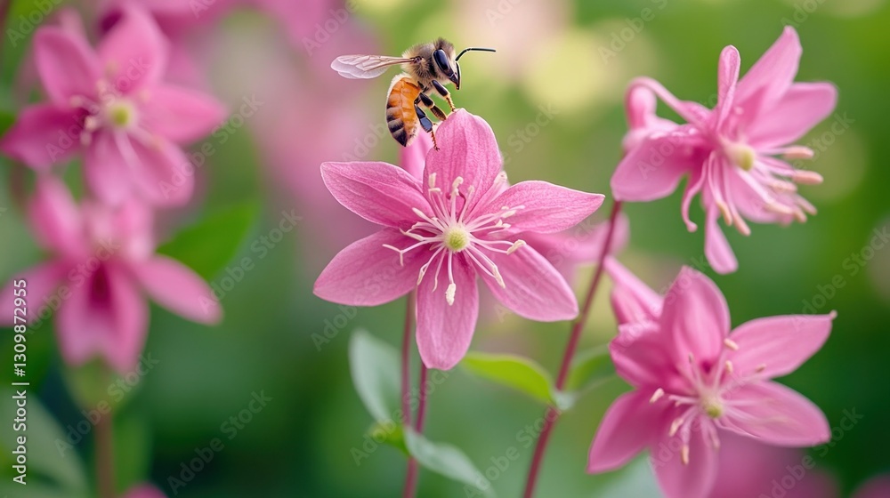 Fototapeta premium Honeybee on Pink Flowers in Garden