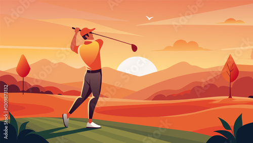 A golfer driving off the tee as the setting sun casts a warm glow over the fairway.. Vector illustration