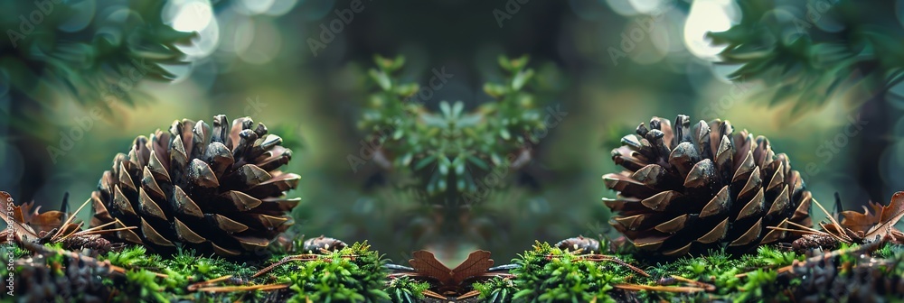Obraz premium Pine cones on a mossy forest floor with soft bokeh lighting, symmetric composition