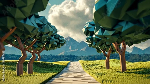 A low poly environment with a stylized forest path surrounded by geometric trees and a distant mountain range. A video game world.