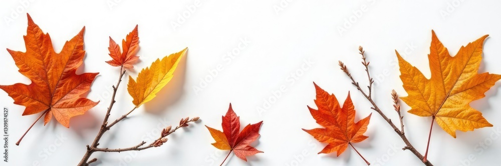 Dried leaves and twigs in autumnal tones on white, nature, foliage, botanical Dried leaves and twigs in autumnal tones on white, nature, foliage, botanical