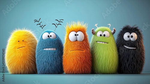 Bright, happy, stylish, cool unpredictable colorful monsters in funny situations.