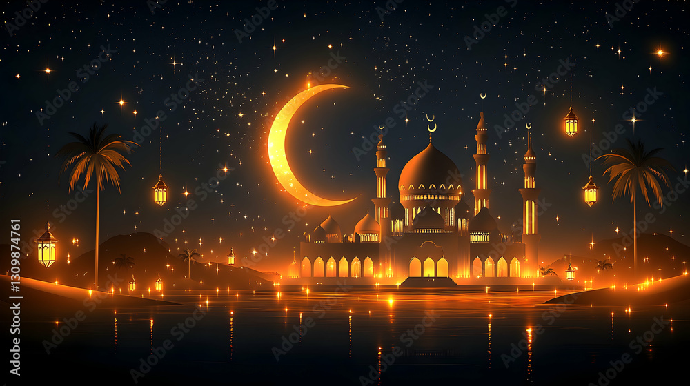 Illuminated Mosque at Night, Desert Oasis Illuminated Mosque at Night, Desert Oasis