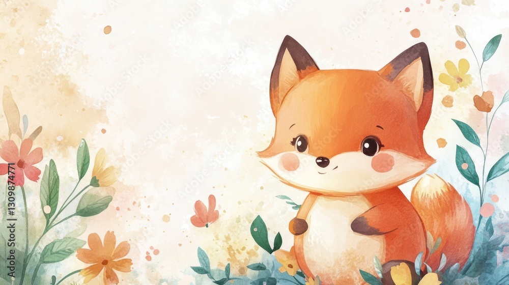 Obraz premium A charming watercolor illustration of a happy little fox in nature
