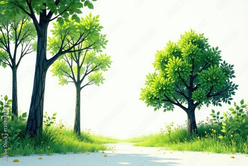 Fototapeta premium Empty forest on white background with a single tree, woods, green, foliage