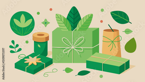 A greenthemed gift wrapping station complete with recycled wrapping paper twine made from natural fibers and handcarved stamps for unique designs.. Vector illustration