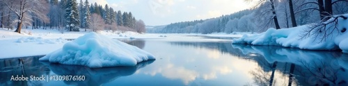 Frozen lake with ice chunk and reflection of surrounding trees, serene landscape, branches