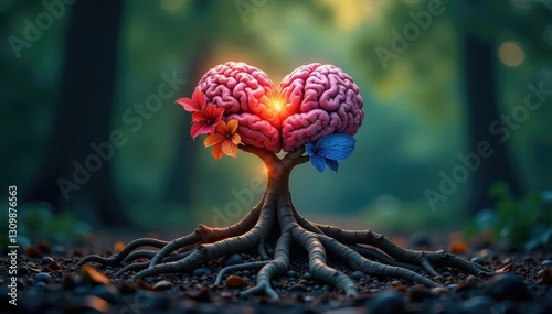 Heart and brain with intertwined roots growing out of a tree symbolizing balance, nature, wholeness