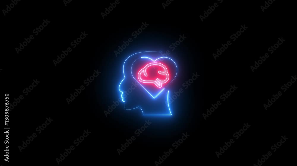 Glowing Neon Mental Health Icon Isolated on Black Background.  love brain and human head icon 