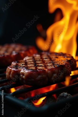 High heat grill with sizzling steak and flames, meat, grillmaster, flame