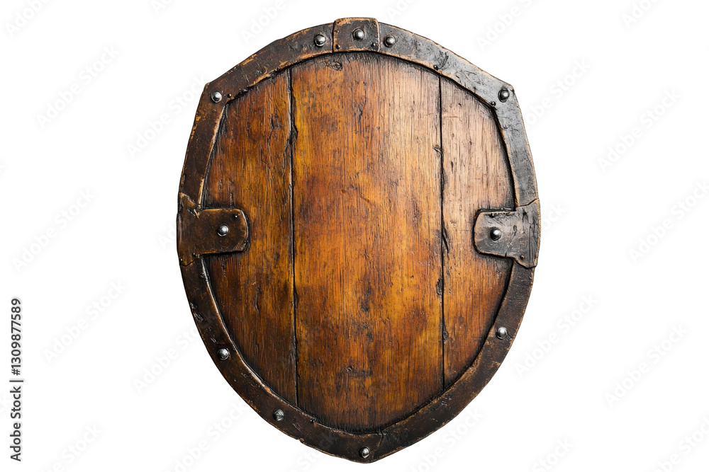 Antique Wooden Shield with Metal Trim - A weathered, oval-shaped wooden shield, bound with dark metal and studded with rivets. Perfect for historical or fantasy themes Antique Wooden Shield with Metal Trim - A weathered, oval-shaped wooden shield, bound with dark metal and studded with rivets. Perfect for historical or fantasy themes