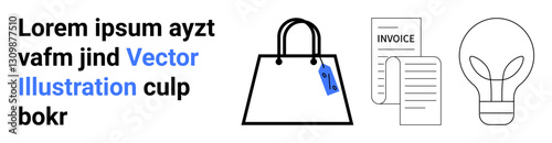 Shopping bag with a blue price tag, detailed invoice receipt, and simple light bulb design. Ideal for e-commerce, payment solutions, innovation, consumer goods, retail, energy-saving flat landing