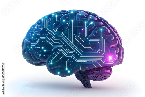 Futuristic 3D AI Brain Icon, Cyber Technology Concept with Glowing Circuits