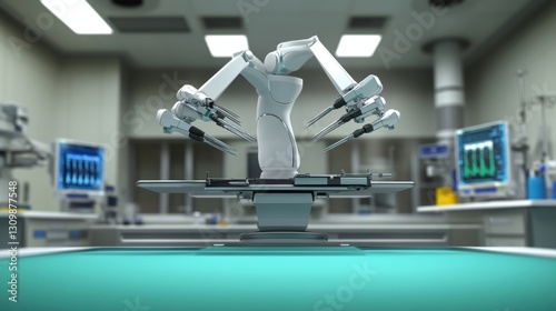 Surgical robot performing procedure in modern operating room with equipment