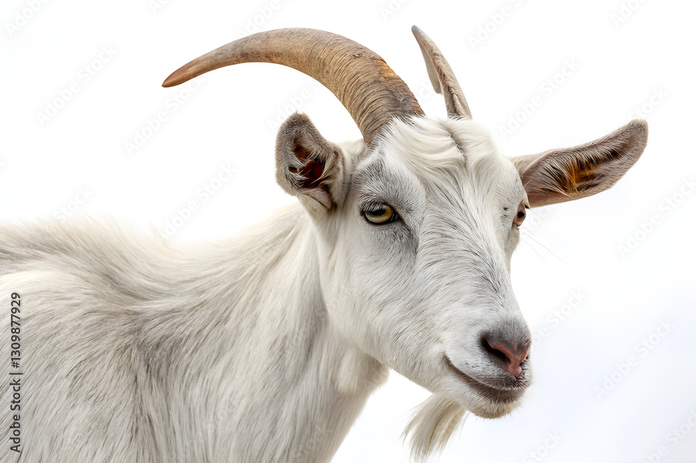 Close-up Portrait of White Goat with Curved Horns on White Background Close-up Portrait of White Goat with Curved Horns on White Background