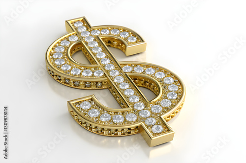 Luxury Golden Dollar Sign with Diamonds on White Background