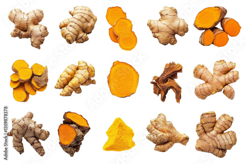 Turmeric Root and Powder Collection - High-resolution images showcasing various forms of turmeric root, from whole rhizomes to sliced and powdered turmeric. Ideal for culinary, health