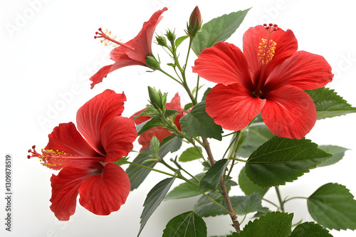 Red Hibiscus Flowers with Green Leaves on White Background photo