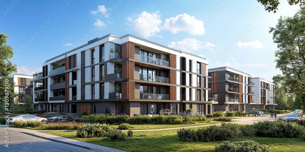 Obraz premium Newly built modern apartments, sunny blue sky above