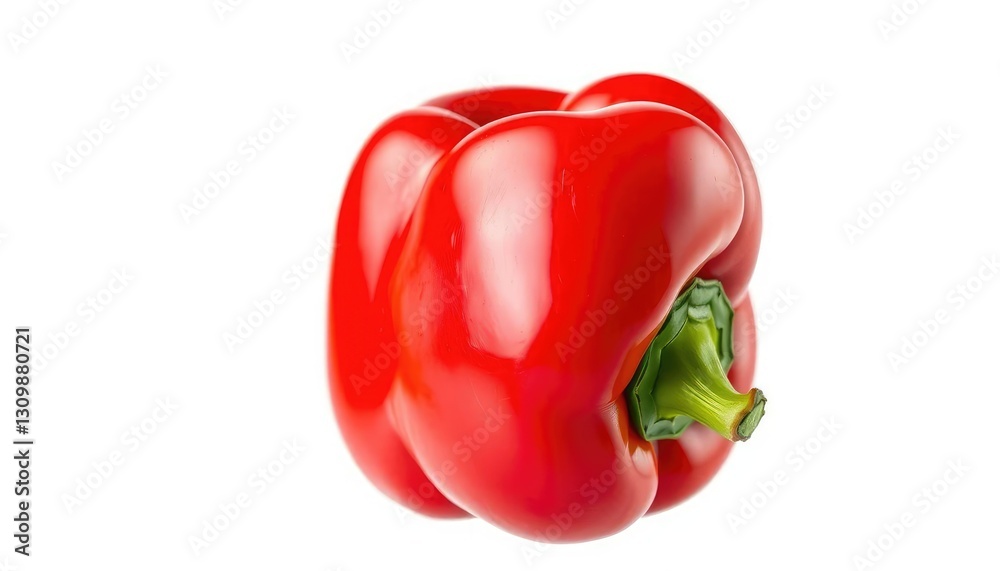 Single vibrant red bell pepper, glossy skin, perfectly formed, isolated, organic, detail