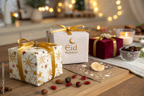 Beautifully Wrapped Eid Gift Boxes with Festive Decor photo