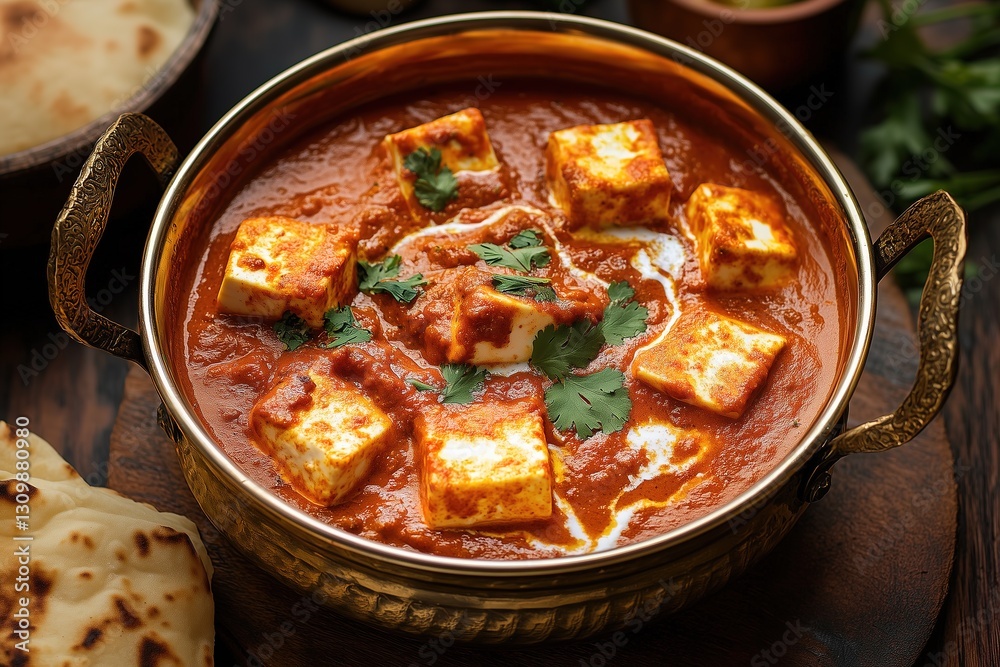 Paneer Butter Masala in Brass Bowl/ Kadhai with Butter Naan in Rustic Style Paneer Butter Masala in Brass Bowl/ Kadhai with Butter Naan in Rustic Style
