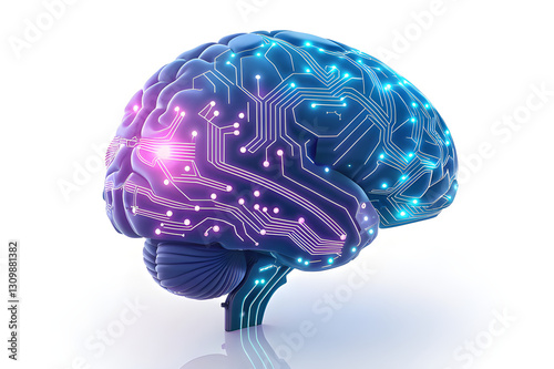Futuristic 3D AI Brain Icon, Cyber Technology Concept with Glowing Circuits