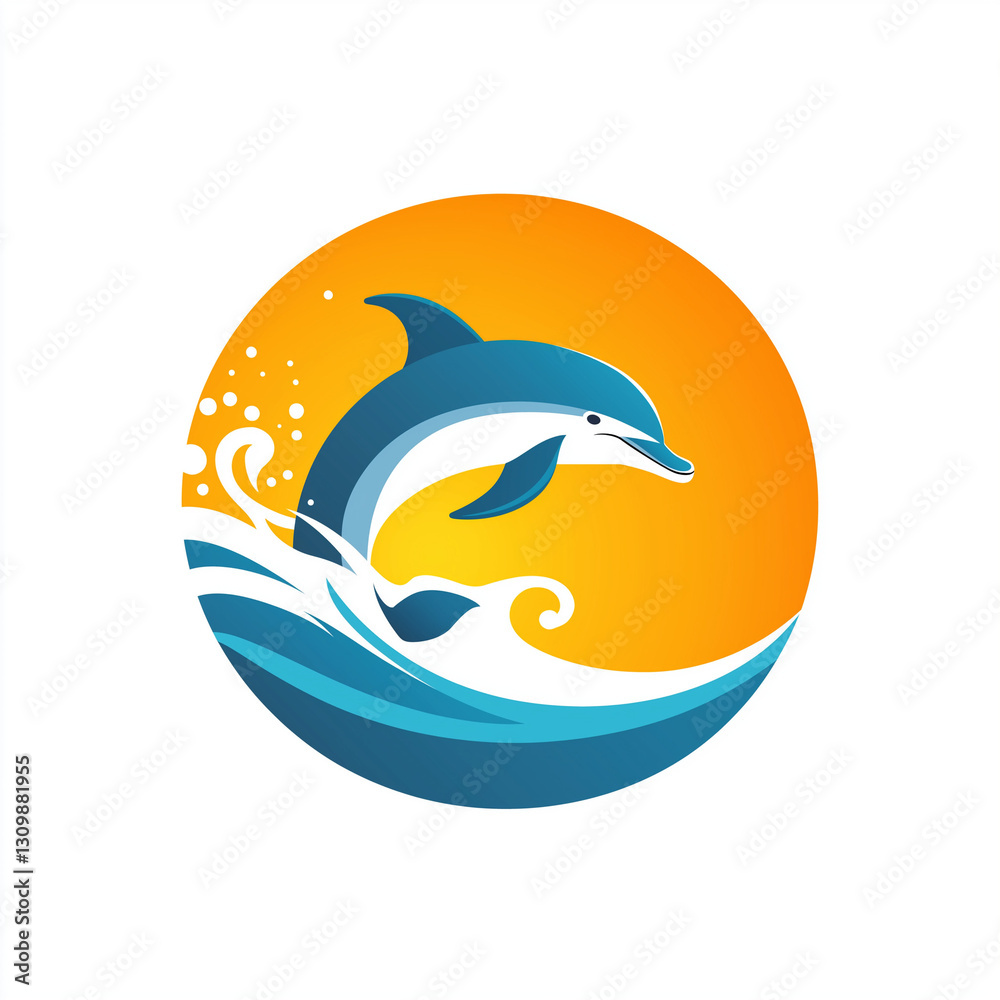 Obraz premium Abstract Dolphin Logo with Sea and Waves Vector Illustration