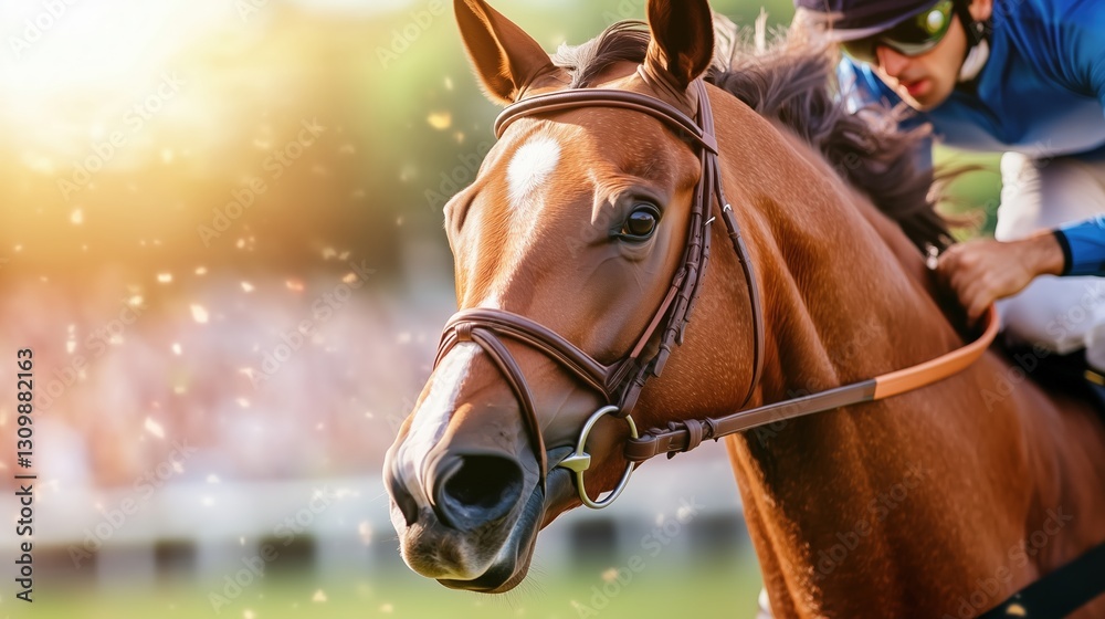Obraz premium Horse racing competition in a vibrant outdoor setting with a skilled jockey in action