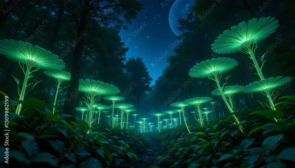 Fototapeta premium Starlit Cyberforest: A Futuristic Vista of Bioluminescent Trails and Celestial Glow