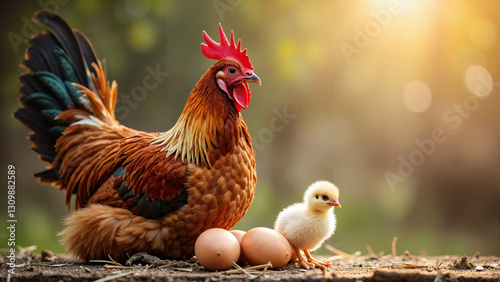 Elegant Nattu Koli Hen with Chick and Egg in Rustic Farm Setting: Ideal for Easter, Poultry, Organic Farming, and Culinary Promotions photo