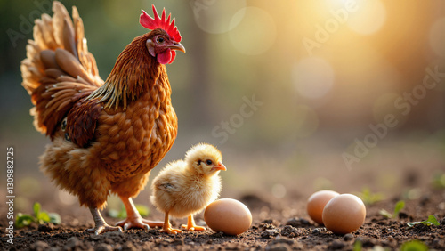 Beautiful Nattu Koli Hen with Chick & Egg on Rustic Farm: Perfect for Sustainable Farming, Easter, and Poultry Advertising photo
