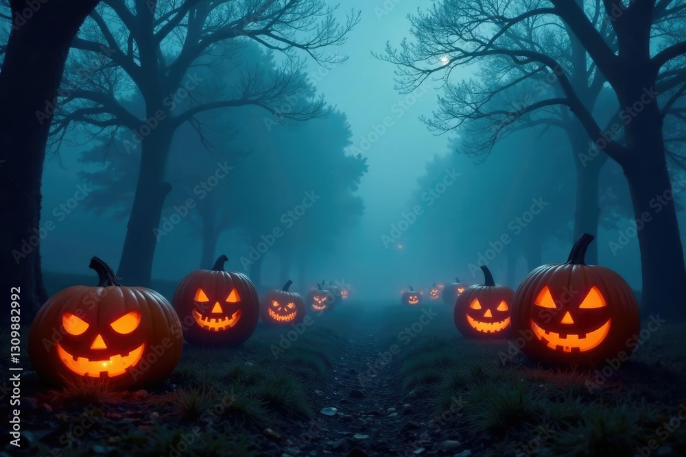 Foggy graveyard with glowing jack o lanterns and mist, eerie, halloween Foggy graveyard with glowing jack o lanterns and mist, eerie, halloween