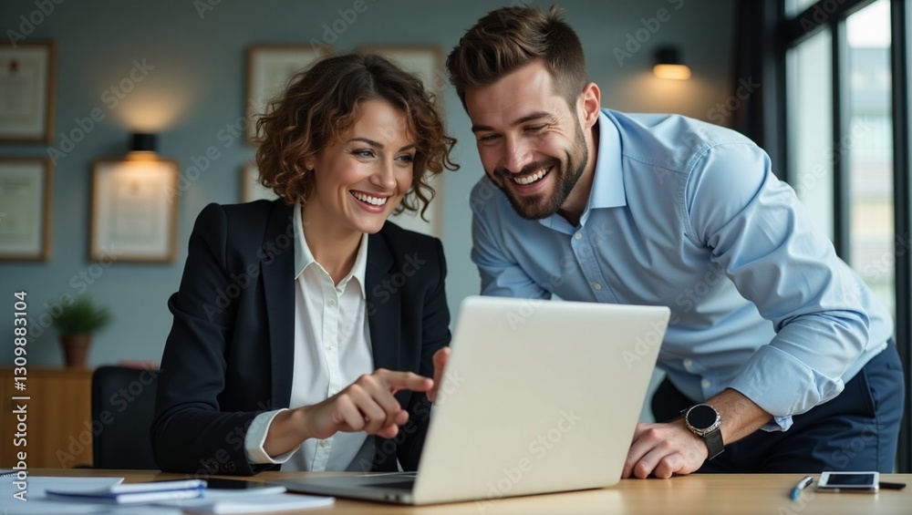 Two busy professional business people working in office with computer. Middle aged female executive manager talking to male colleague having conversation showing software online solution on laptop. Two busy professional business people working in office with computer. Middle aged female executive manager talking to male colleague having conversation showing software online solution on laptop.