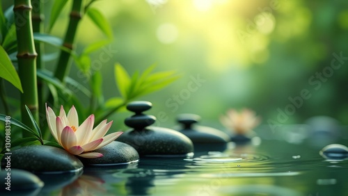 Serene Water Scene with Lotus Flower and Smooth River Stones