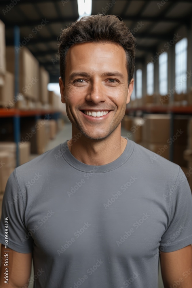 Obraz premium smiling man in a warehouse with boxes on shelves