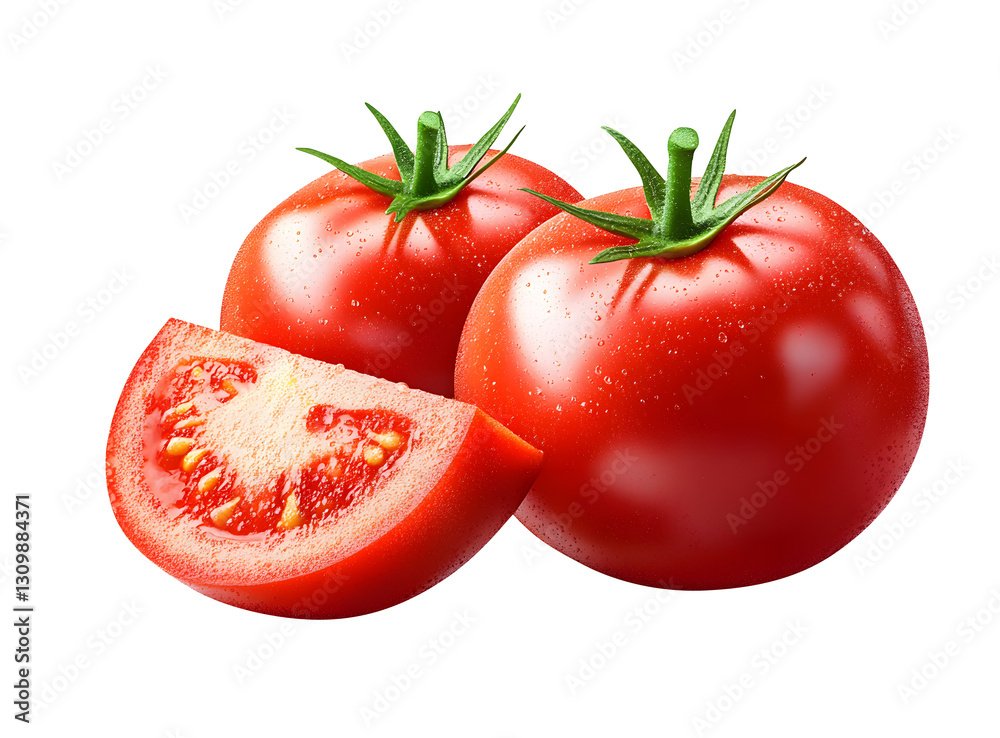 Two Pis tomato with slice isolated on transparent white background, clipping path, pen tool. Two Pis tomato with slice isolated on transparent white background, clipping path, pen tool.