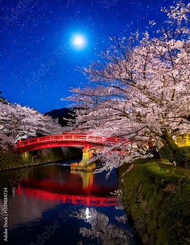 夜桜がライトアップされた日本の川沿い、赤い橋がかかる風景、幻想的な雰囲気、月が輝く夜空