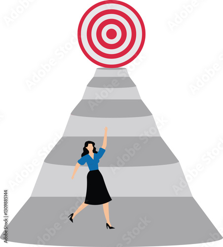 Businesswoman walking up stair with arrow as path to reach goal